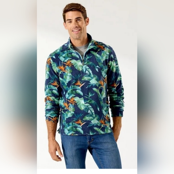 SOLD! Tommy Bahama 1/4 Zip Mock Coller Tropical pattern Fleece pullover- Size L - Picture 1 of 12